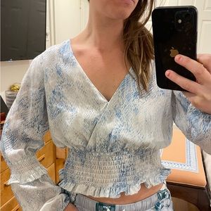 Cropped smocked blue snakeskin top brand Q&A size small